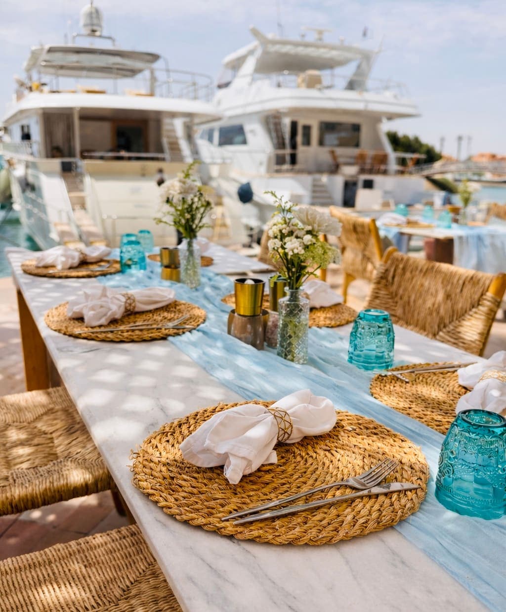 A long banquet table laid along the marina