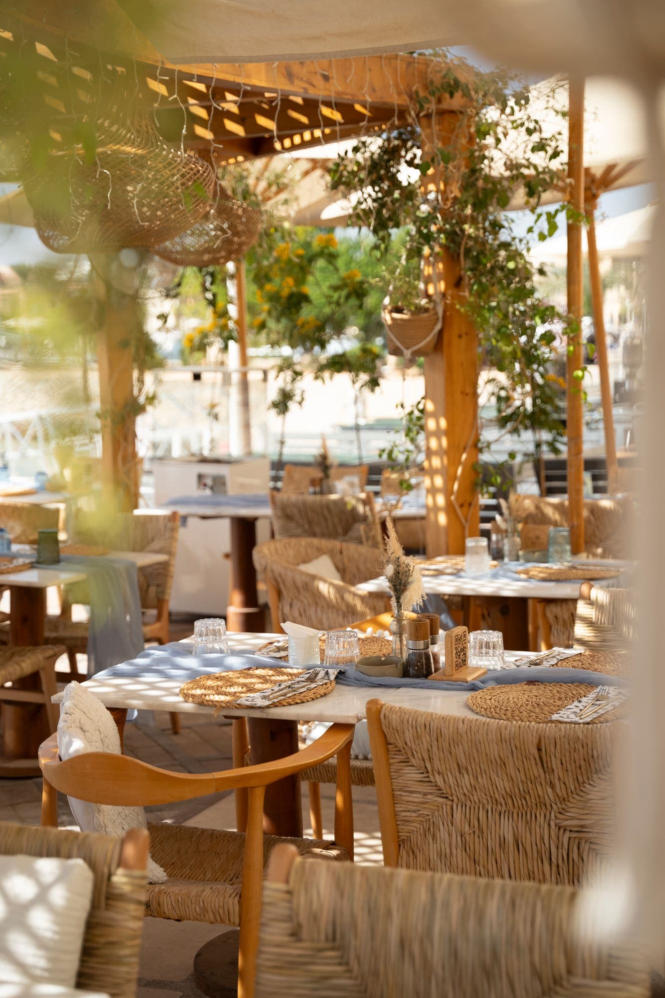 Daytime terrace at Boho Café with hanging plants and set tables